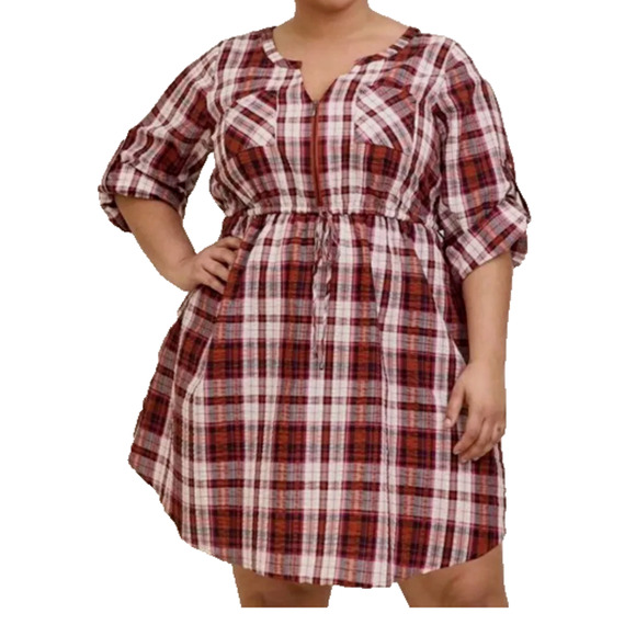 torrid Dresses & Skirts - NWT Torrid Dress Womens 5X Red Plaid Zip Front Seer Sucker Mini Shirt‎ Dress